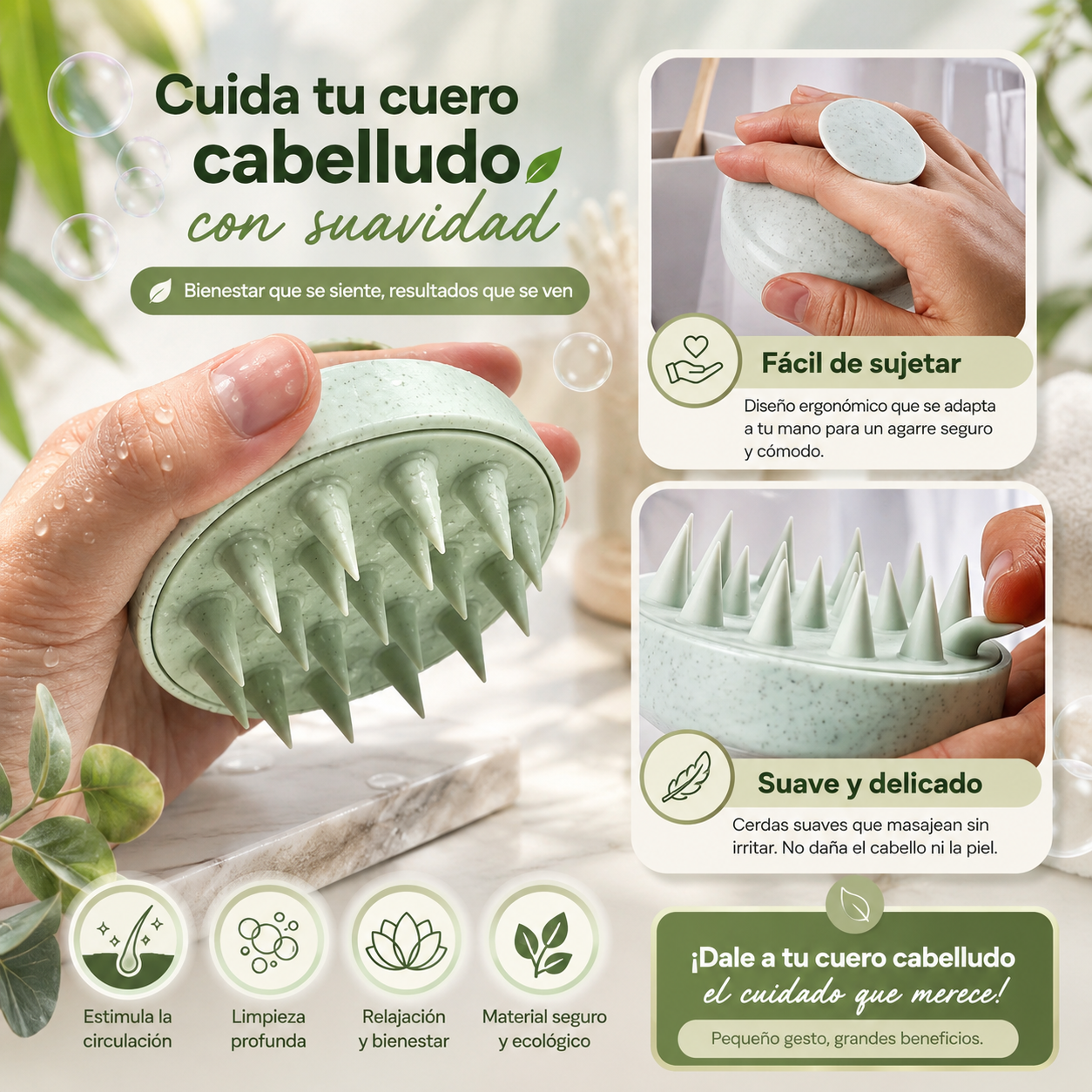 Sistema de Terapia Capilar Ergonómico: Cepillo Masajeador y Exfoliante de Alta Precisión